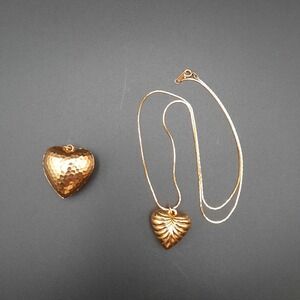 Vintage Gold Tone Puffy Heart Pendant & Necklace Lot‎ – Korea Marked